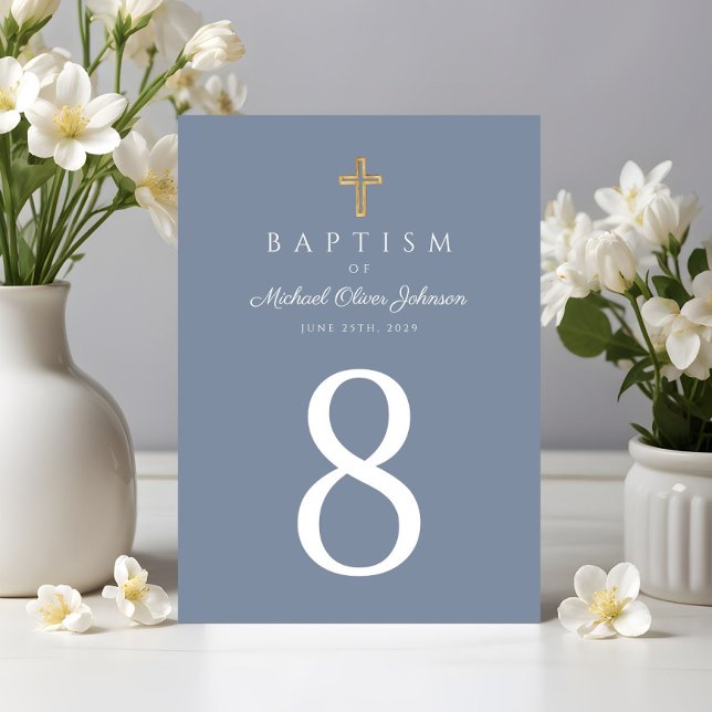 Religiöse Cross Dusty Blue Boy Taufe Tischnummer (Religious Cross Dusty Blue Boy Baptism Table Number)