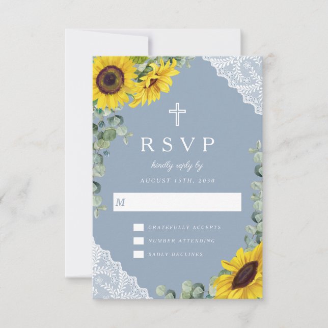 Religiöse Cross Dusty Blue Sonnenblume Hochzeit RSVP Karte (Vorderseite)