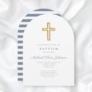 Religiöse Cross Dusty Blue Stripe Boy Taufe Arch Einladung