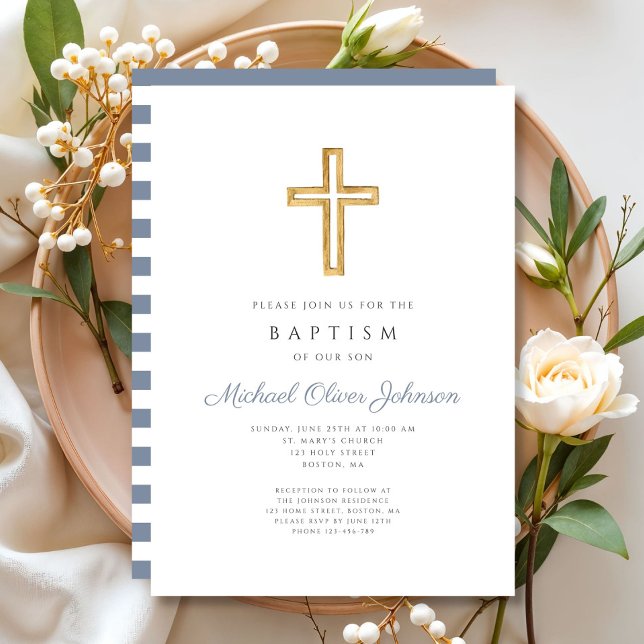Religiöse Cross Dusty Blue Stripes Boy Taufe Einladung (Religious Cross Dusty Blue Stripes Boy Baptism Invitation)