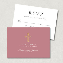 Religiöse Cross Dusty Pink Girl Erste Kommunion RSVP Karte