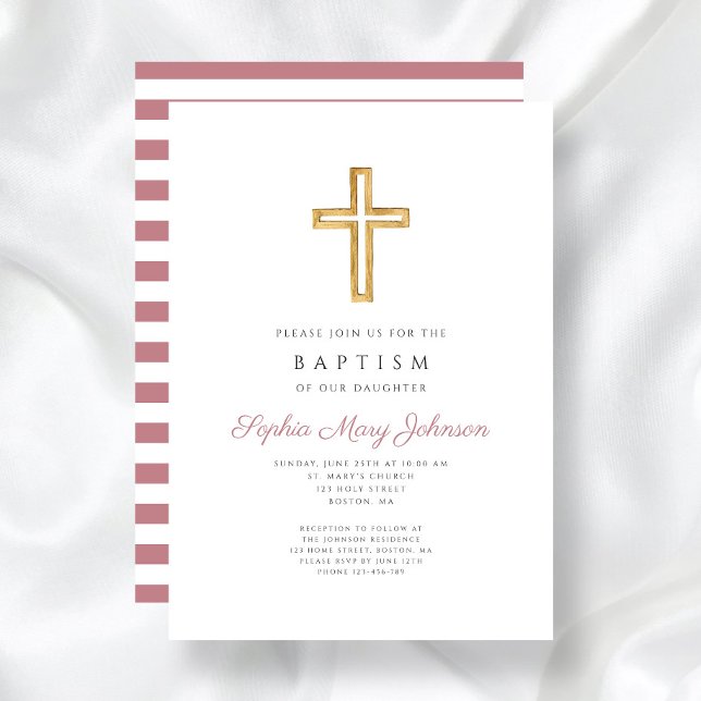 Religiöse Cross Dusty Pink Stripes Girl Taufe Einladung (Religious Cross Dusty Pink Stripes Girl Baptism Invitation)