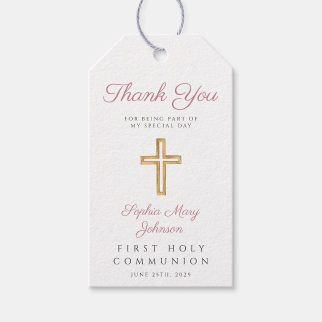 Religiöse Cross Girl Pink Streifen Erste Kommune Geschenkanhänger (Vorderseite)