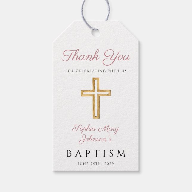 Religiöse Cross Girl Pink Stripes Taufen Geschenkanhänger (Vorderseite)