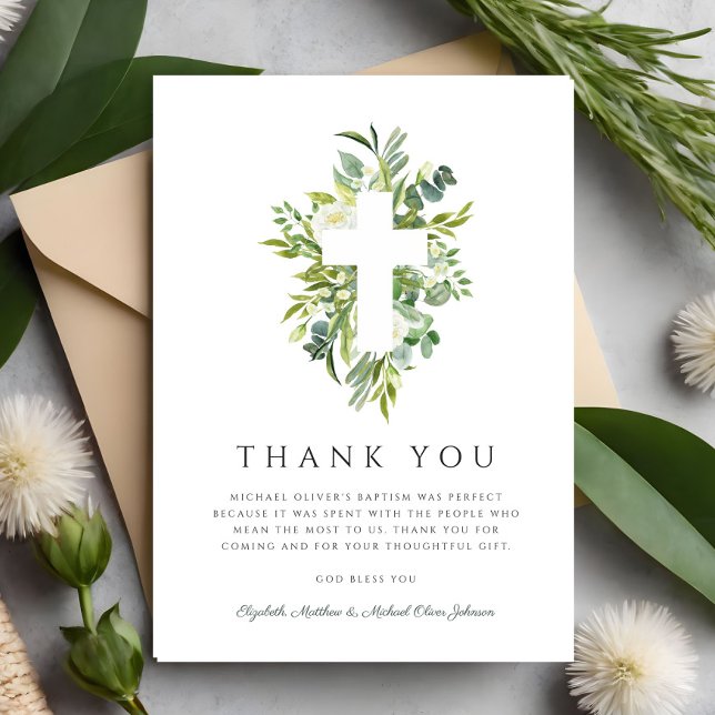 Religiöse Cross Green Botanical Baptim Dankeskarte (Religious Cross Green Botanical Baptism Thank You Card)