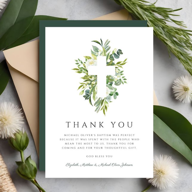 Religiöse Cross Green Botanical Baptim Dankeskarte (Religious Cross Green Botanical Baptism Thank You Card)