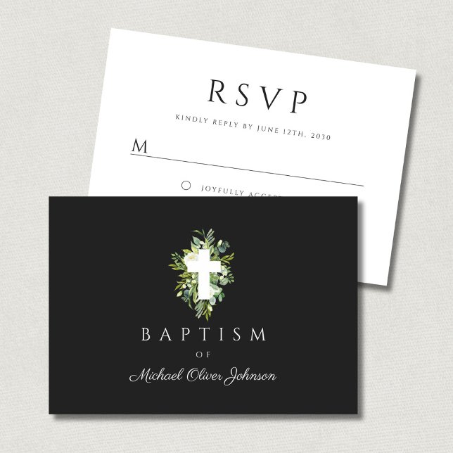 Religiöse Cross Green Botanical Baptim RSVP Karte (Religious Cross Green Botanical Baptism RSVP Card)