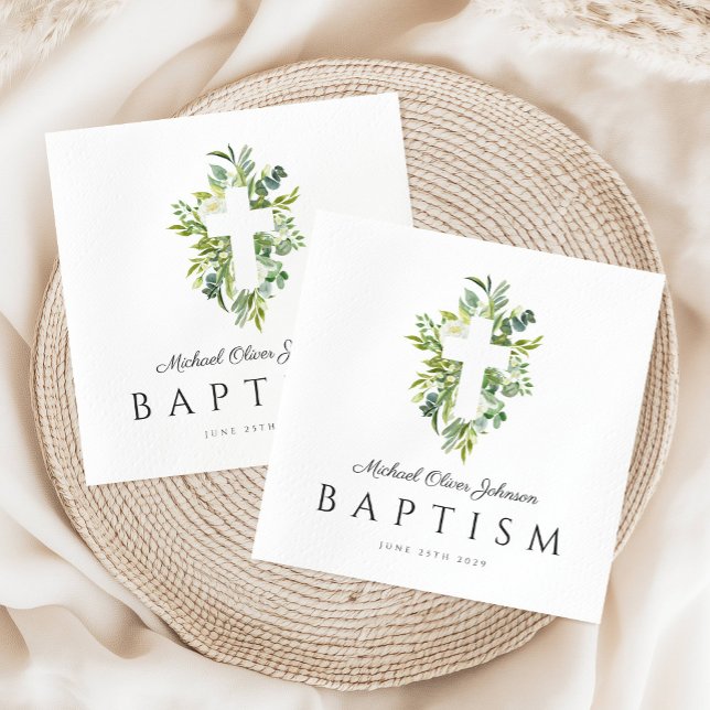 Religiöse Cross Green Botanical Baptim Serviette (Religious Cross Green Botanical Baptism Napkins)