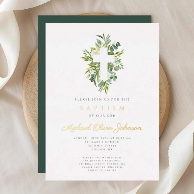 Religiöse Cross Green Botanical Baptism Gold Folieneinladung (Religious Cross Green Botanical Baptism Gold Foil Invitation)