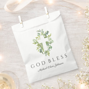 Religiöse Cross Green Botanical God Bless Taufe Geschenktütchen