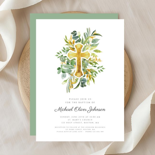 Religiöse Cross Greenery Botanische Taufe Einladung (Religious Cross Greenery Botanical Baptism Invitation)