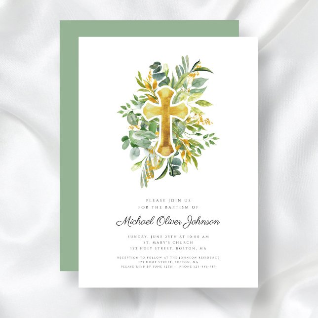 Religiöse Cross Greenery Botanische Taufe Einladung (Religious Cross Greenery Botanical Baptism Invitation)