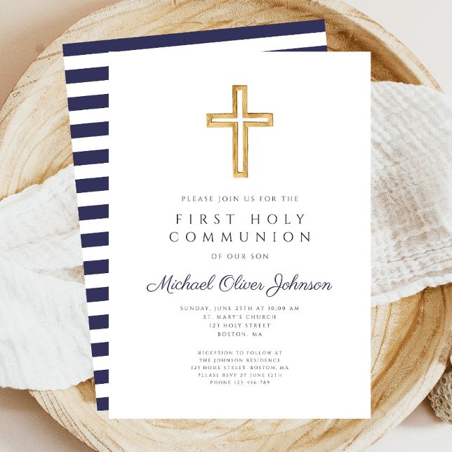 Religiöse Cross Navy Blue Boy First Communion Einladung (Navy Blue Stripes Boy First Communion Invitation)