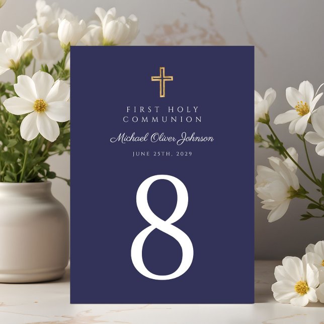 Religiöse Cross Navy Blue Boy First Communion Tischnummer (Religious Cross Navy Blue Boy First Communion Table Number)