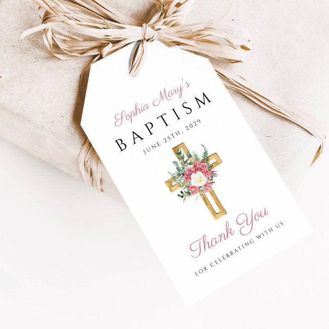 Religiöse Cross Pink Floral Girl Taufe Vielen Dank Geschenkanhänger (Religious Cross Pink Floral Girl Baptism Thank You Gift Tags
)
