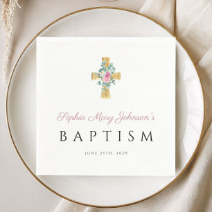 Religiöse Cross Pink Floral Taufe Serviette