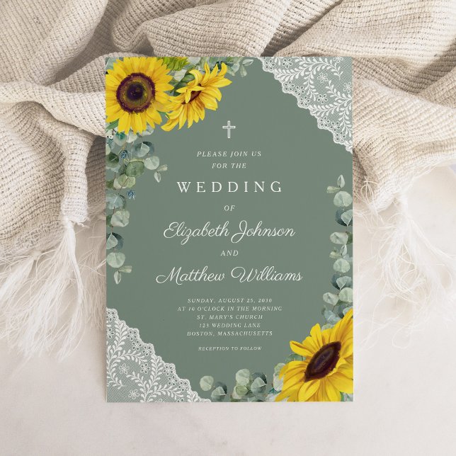 Religiöse Cross Sage Green Lace Sonnenblumen Hochz Einladung (Religious Cross Sage Green Lace Sunflower Wedding Invitation)