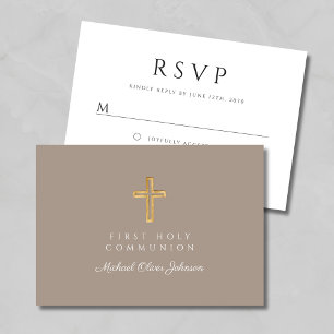 Religiöse Cross Taupe Boy Erste Kommunion RSVP Karte