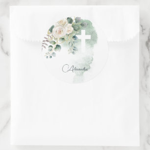 Religiöse Elegante Rose Grünes Wash Cross Runder Aufkleber