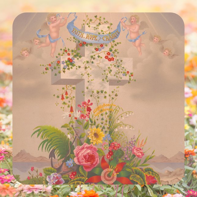 Religiöse Faith Hope Wohltätigkeit Blumenkreuz Ost Quadratischer Aufkleber (Religious Christian Catholic Faith Hope Charity Floral Cross Christ is risen Easter Square Sticker)