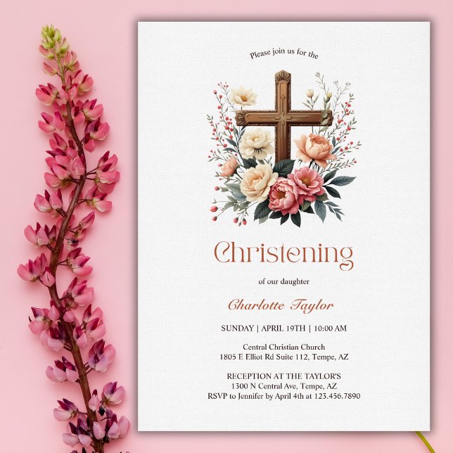Religiöse, floralkatholische Kreuzmädchen Christen Einladung (Religious Floral Catholic Cross Girl Christening Invitation)