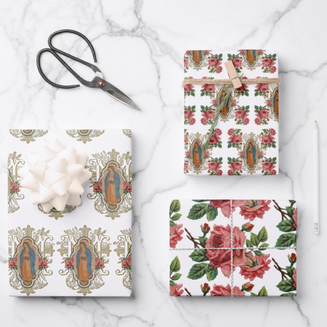 Religiöse Guadalupe Jungfrau Mary Floral Rose  Geschenkpapier Set (Vorderseite)
