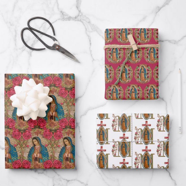 Religiöse Guadalupe Jungfrau Mary Floral Rose Wrap Geschenkpapier Set (Vorderseite)