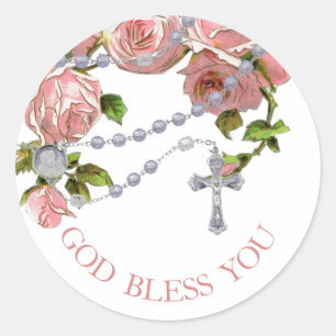 Religiöse Heilige Rosary Pink Roses Blumenkreuz Cl Runder Aufkleber