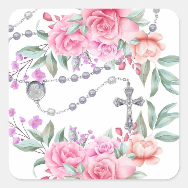 Religiöse Heilige Rosary Pink Roses Floral Quadratischer Aufkleber (Vorderseite)