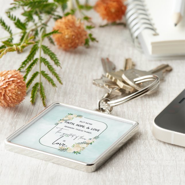 Religiöse Hochzeitstag-Jubiläum Faith Hope-Liebe Schlüsselanhänger (Seite)