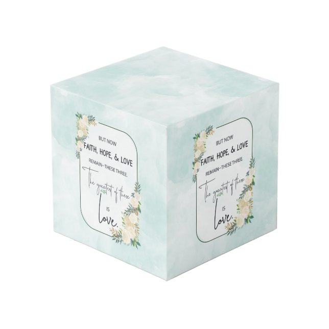 Religiöse Hochzeitstag-Jubiläum Faith Hope-Liebe Würfel (Vorderseite Schrägansicht)