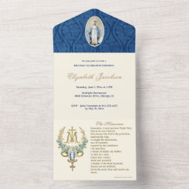 Religiöse Jungfrau Mary Blue Floral Geburtstag Vin All In One Einladung