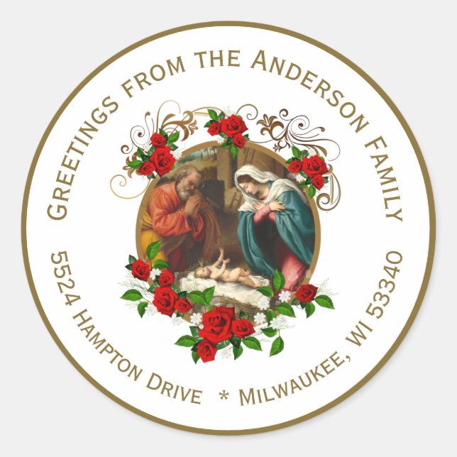 Religiöse Jungfrau Mary Jesus Weihnachtskrippe Runder Aufkleber (Vorderseite)