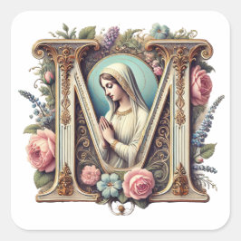 Religiöse Jungfrau Mary "M" Katholische Vintage Bl Quadratischer Aufkleber