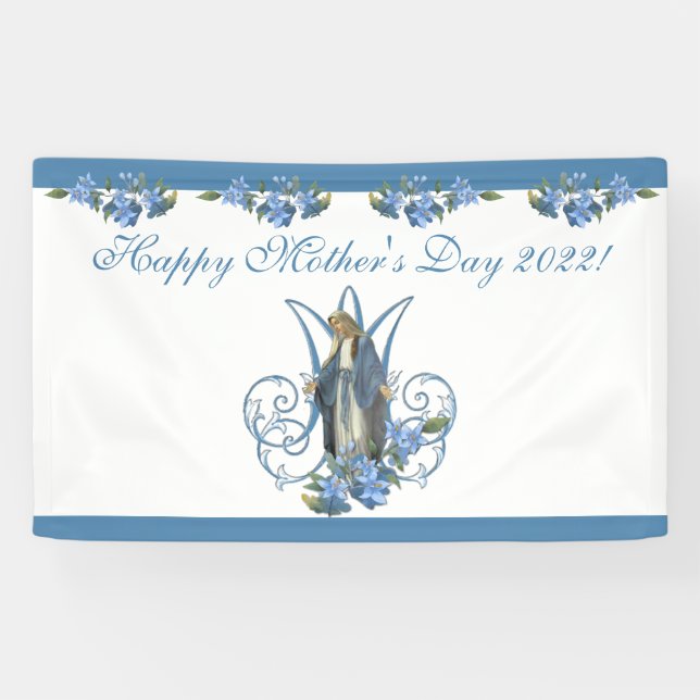 Religiöse Jungfrau Mary Mütter Day Blue Blumen Banner (Horizontal)