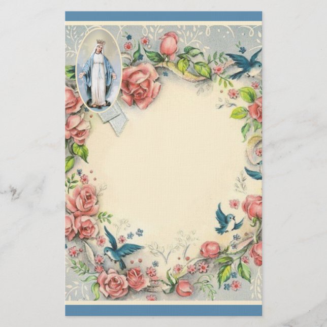 Religiöse Jungfrau Mary Pink Roses Blue Birds Briefpapier (Vorderseite)