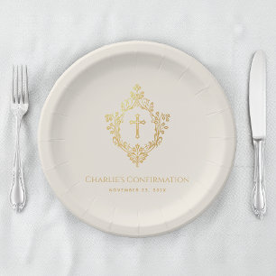 Religiöse Konfirmations-Faux-Gold-Kreuz-Wappen Elf Pappteller