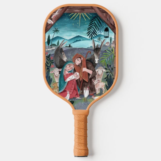 Religiöse Krippe blau, rot Mary und Jesus Pickleball Schläger (Vorderseite)