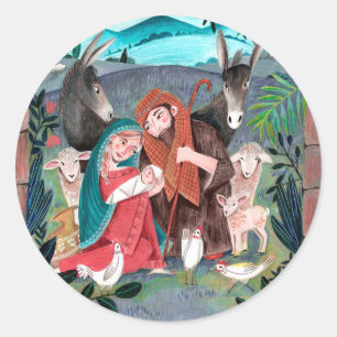 Religiöse Krippe blau, rot Mary und Joseph Runder Aufkleber
