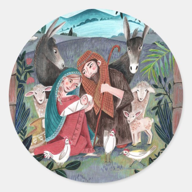 Religiöse Krippe blau, rot Mary und Joseph Runder Aufkleber (Vorderseite)