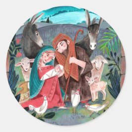 Religiöse Krippe blau, rot Mary und Joseph Runder Aufkleber