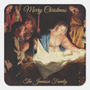 Religiöse Krippe Gold Kalligrafie Weihnachtsgesch Quadratischer Aufkleber
