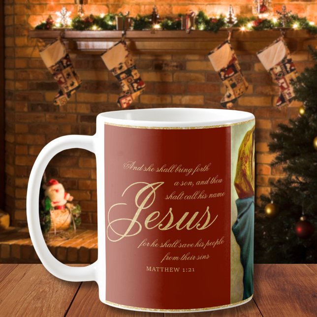 Religiöse Madonna & Child Katholische Weihnachtsge Kaffeetasse (Madonna and Child religious Christmas coffee cup with Bible verse in red and gold)