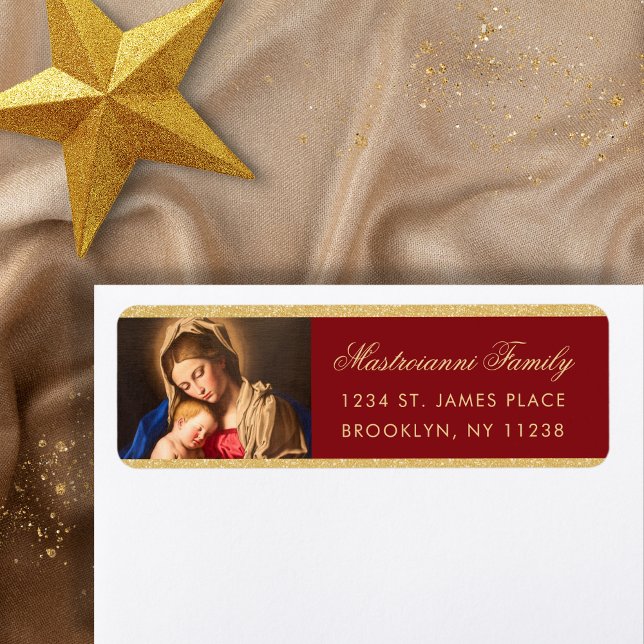 Religiöse Madonna & Kind Weihnachten Rücksendeadre (Religious Christmas address label in red and gold with the Madonna and Child for Catholics)