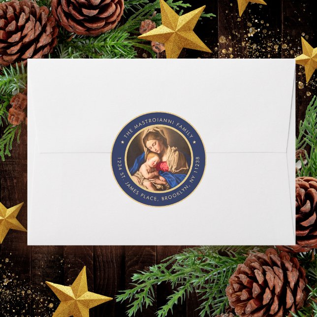 Religiöse Madonna & Kind Weihnachten Rücksendeadre Runder Aufkleber (Religious Christmas card address label with Madonna and Child in navy blue and gold for Catholics)