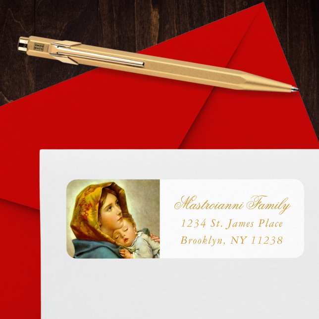 Religiöse Madonna & Kind Weihnachtsanschrift (Madonna & Child religious Christmas return address label in gold and white for Christians)