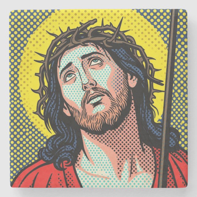 Religiöse Pop-Art-Dornenkrone Halftone Comic P Steinuntersetzer (Vorderseite)