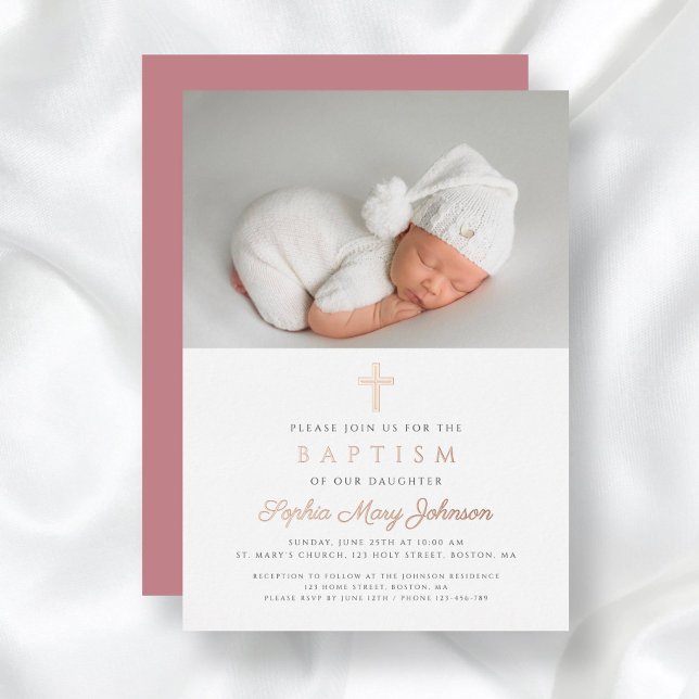 Religiöse Rose Gold Cross Girl Foto Taufe Folieneinladung (Religious Rose Gold Cross Girl Photo Baptism Foil Invitation)