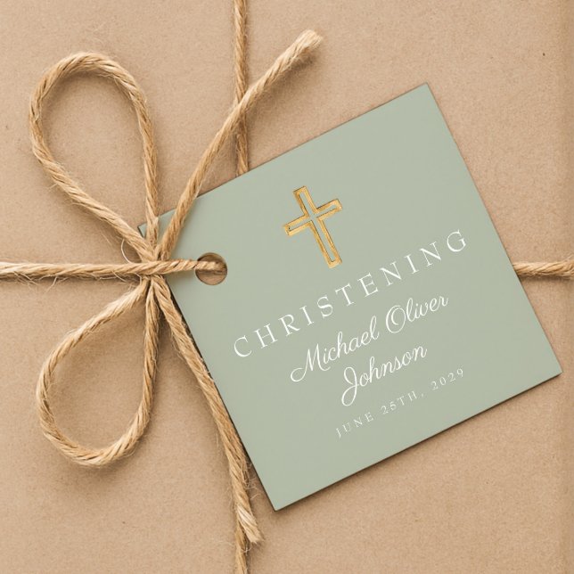 Religiöse Sage Green Cross Christening Geschenkanhänger (Religious Sage Green Cross Christening Favor Tags)