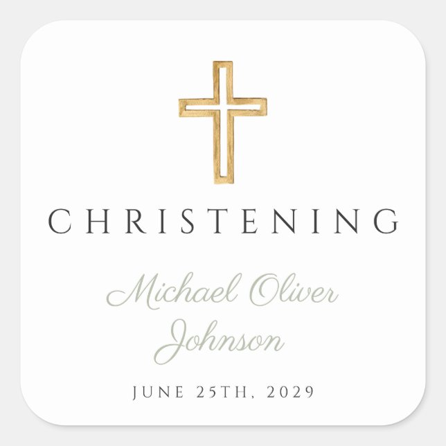 Religiöse Sage Green Wood Cross Christening Quadratischer Aufkleber (Vorderseite)